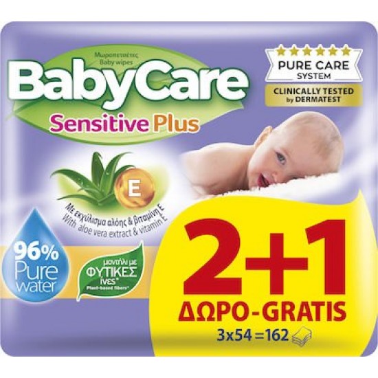 BabyCare Sensitive Plus Μωρομάντηλα χωρίς Οινόπνευμα & Parabens με Aloe Vera 3x54τμχ ΠΑΝΕΣ - ΜΩΡΟΜΑΝΤΗΛΑ
